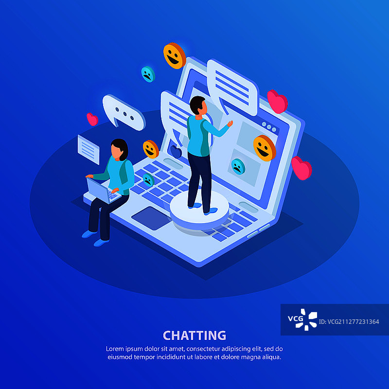在线聊天等距设计，人们通过笔记本电脑发送消息矢量图图片素材