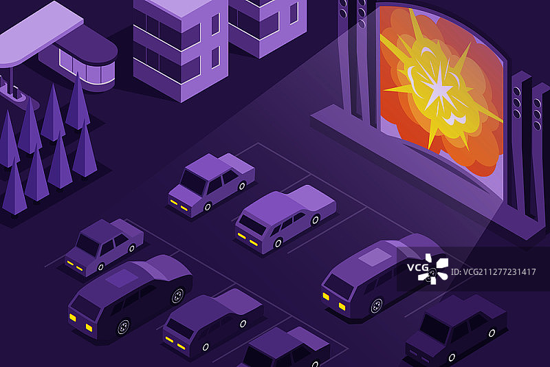 露天汽车电影院2.5D示意图：巨型户外电影屏幕和停车场矢量图图片素材