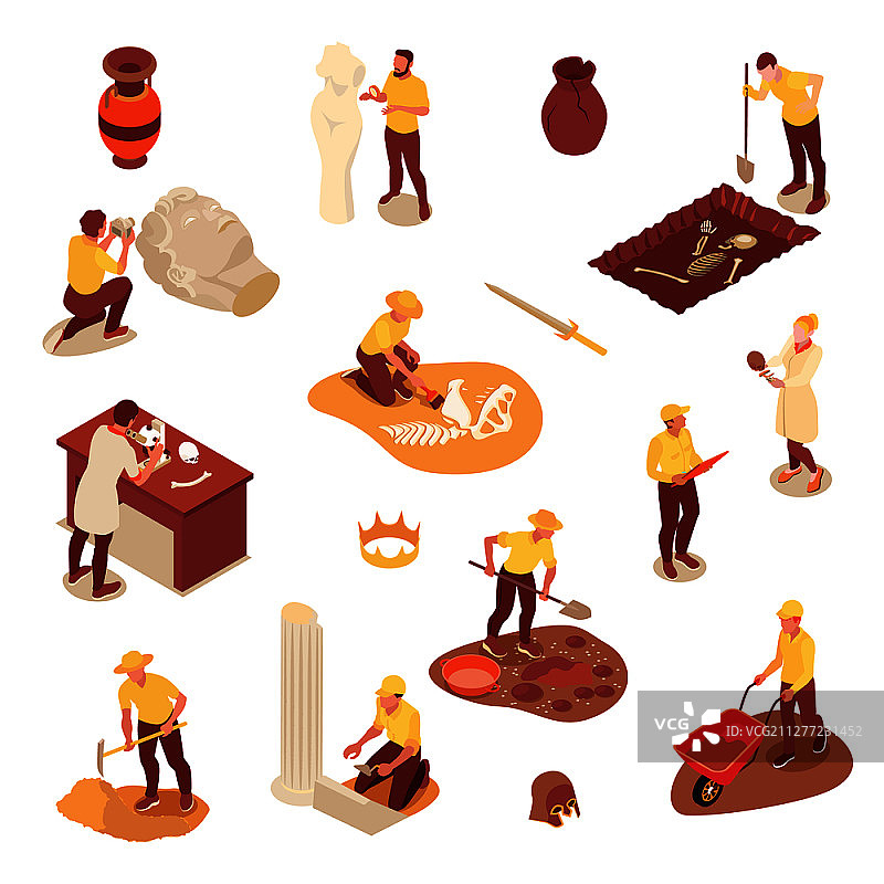 考古等距图标集，包含科学家、设备和古代文物，3D矢量图图片素材