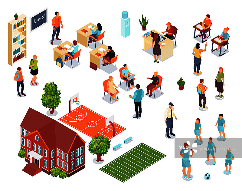 学校2.5D体育场和师生人物矢量素材图片素材