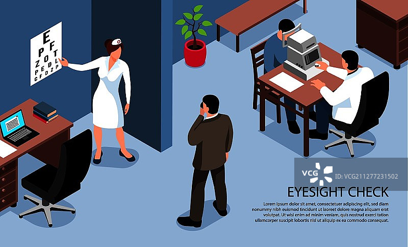 视力障碍人士：眼科医生和验光师进行眼科检查的等距水平横幅矢量图图片素材