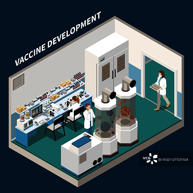 疫苗开发等距背景，科学家在实验医学实验室进行科学研究和实验矢量图图片素材