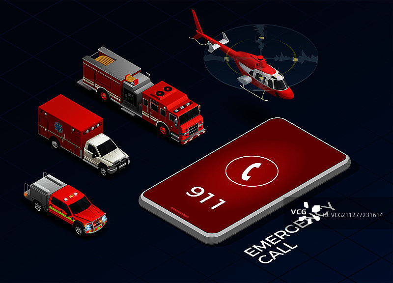 紧急呼叫和运输：直升机救护车和消防车2.5D图图片素材