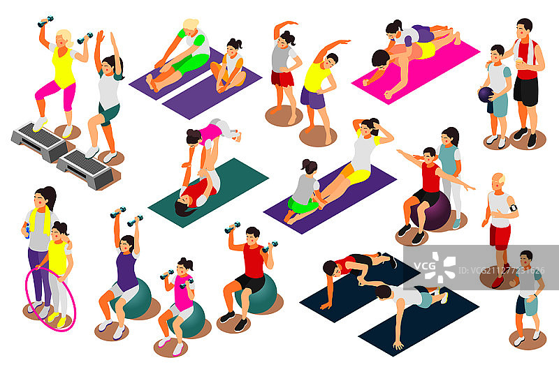 家庭健身2.5D图标集：成人和儿童一起锻炼身体矢量图图片素材