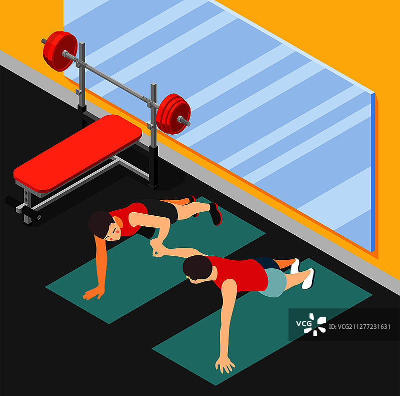 健康家庭健身2.5D海报：父亲教儿子在健身房做俯卧撑图片素材