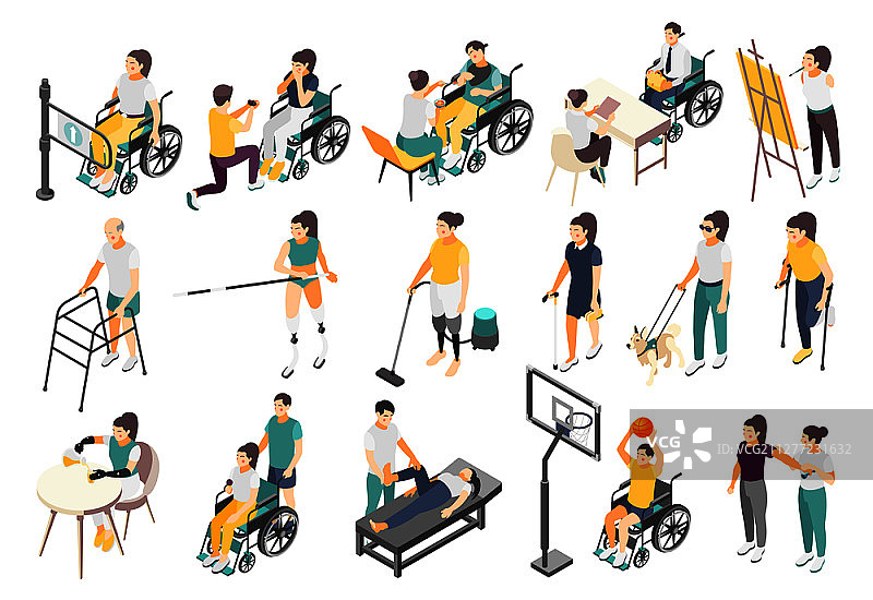 残疾人等距图标：积极的残疾人在日常生活中克服困难，志愿者和帮助者矢量图图片素材