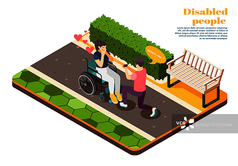 2.5D等距设计：轮椅女孩与求婚男子图片素材