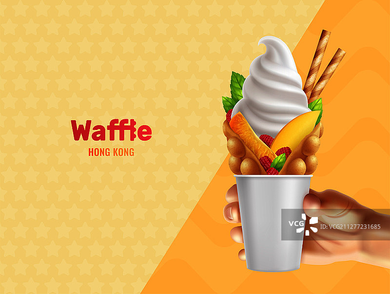 手持香港鸡蛋仔的真实场景，附可编辑文字和矢量插画图片素材