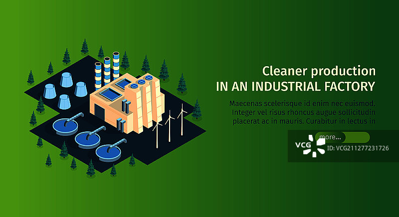 2.5D工业厂房横幅：含文字、厂房建筑和污水处理装置矢量图图片素材