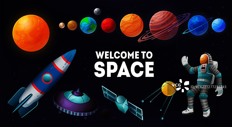 欢迎来到太空：行星太阳系空间站背景矢量插画图片素材