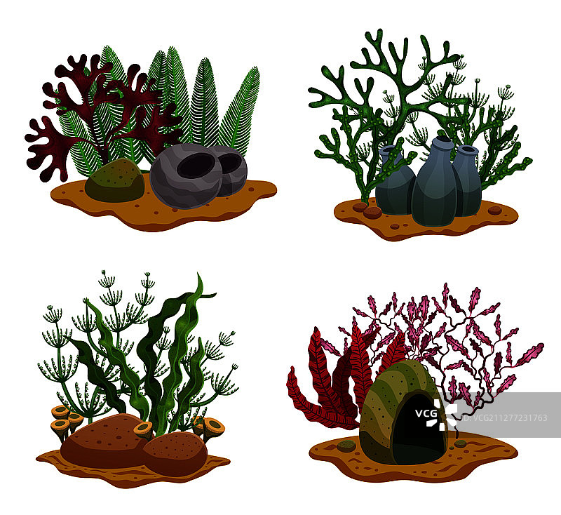 海藻水下扁平风格矢量插画图片素材