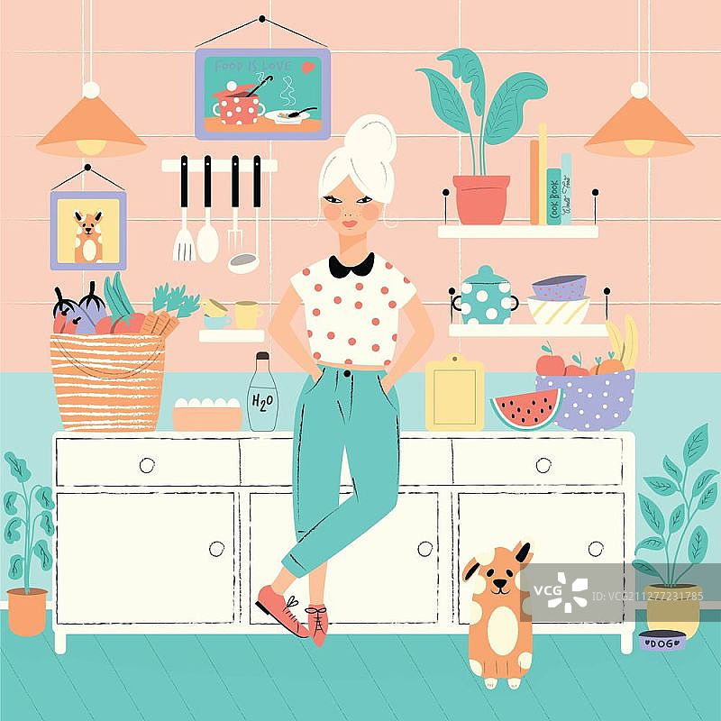 厨房里的女人、食物和狗：温馨的家，健康食品，世界粮食日，扁平风格插画图片素材