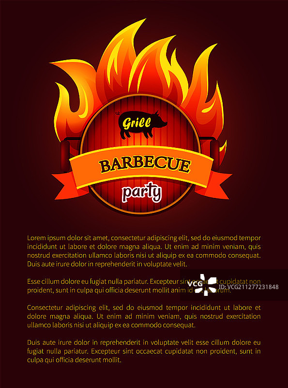 燃烧的烧烤派对海报，带有文字的烧烤节banner图标，矢量广告传单。燃烧的木头或煤炭上的金属炉排。烧烤派对海报燃烧的火焰，炉排图片素材