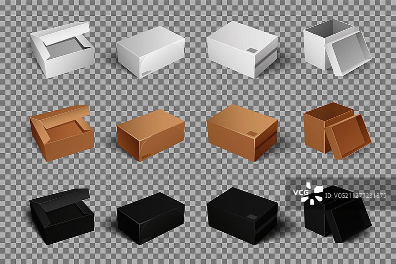 带有胶带的包裹3D等距图标矢量素材，包含透明背景上的白色、棕色和黑色盒子。空封闭模型，用于货物的邮寄容器。带有胶带的包裹3D等距图标矢量图片素材
