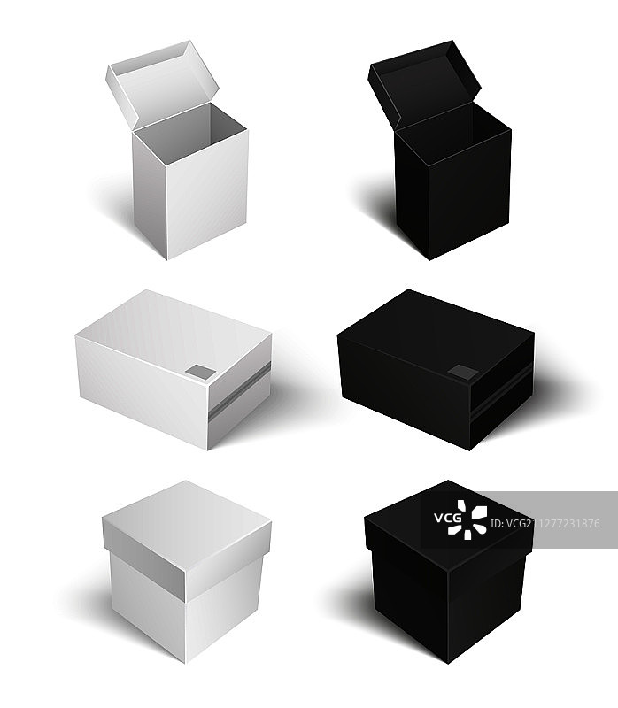 带盖空容器独立图标集矢量图。用于产品保存和存储的方形纸箱。紧凑型产品运输。带盖空容器套装矢量图图片素材