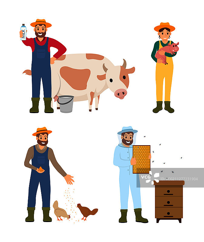 农民男女人物图标矢量图：男人与牛，女人与小猪图片素材