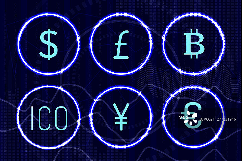 比特币和数字虚拟货币图标矢量图：人民币、美元、欧元货币，金融资产和融资标志图片素材