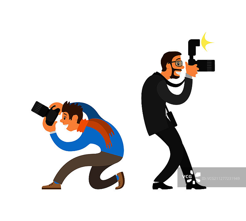 摄影师与狗仔队：配备闪光灯的现代相机图片素材