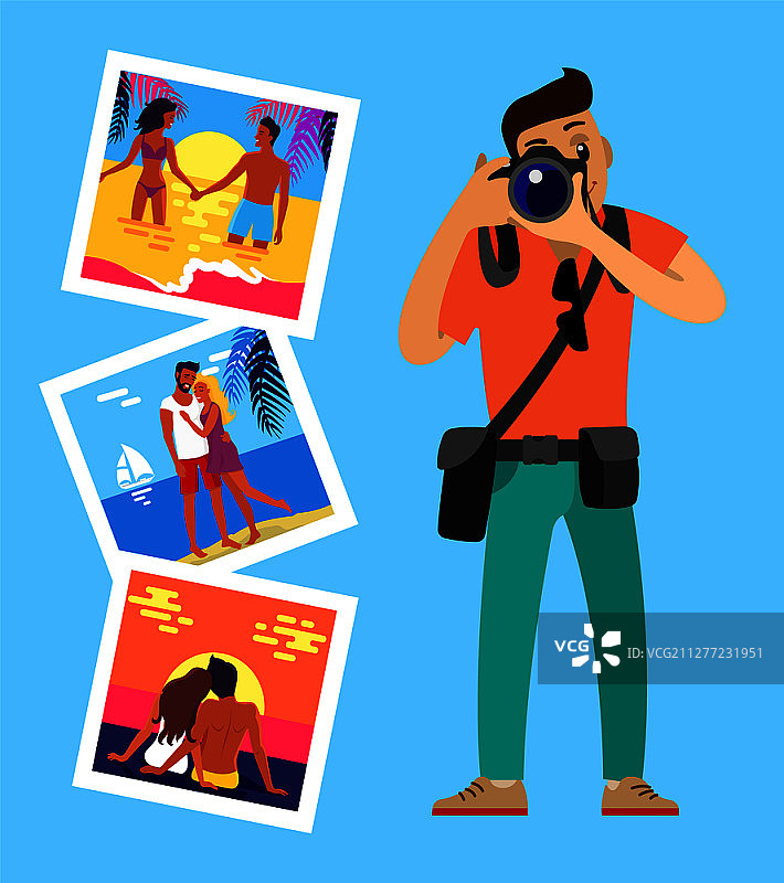 摄影师及其在海滩上休息的快乐情侣作品图片素材