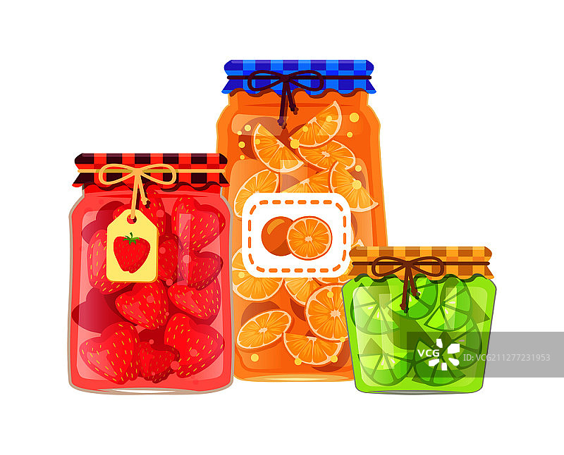 带标签的罐子装有橙子、青柠和草莓。玻璃瓶柑橘和浆果蜜饯与贴纸和乡村纺织品矢量海报。家庭水果和浆果蜜饯海报图片素材