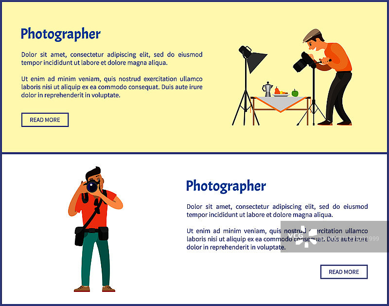 静物摄影师和记者在线banner：水果茶壶摄影构图与数码相机矢量插图图片素材