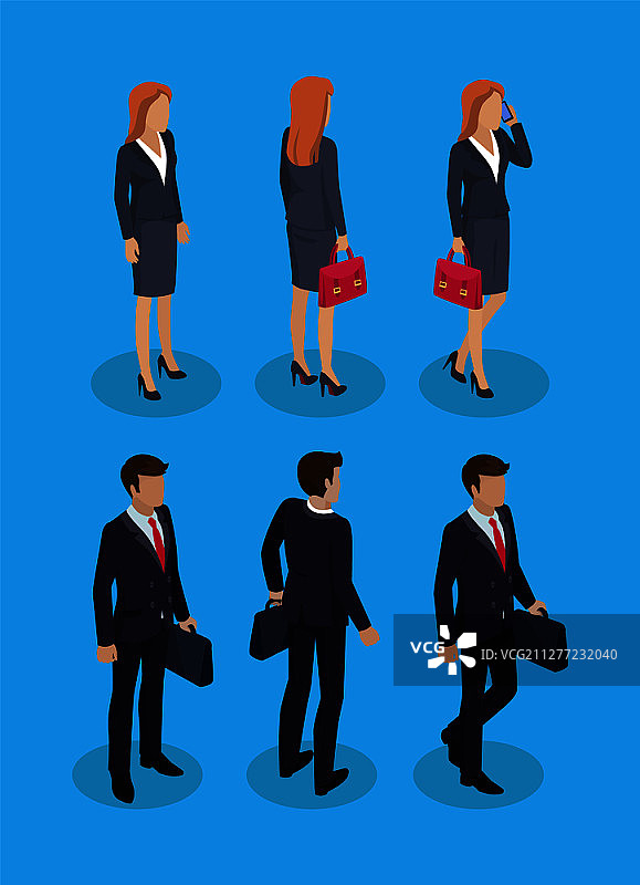 女人和男商人矢量素材：穿着正装的职场男女，男士手提公文包，女士使用手机图片素材