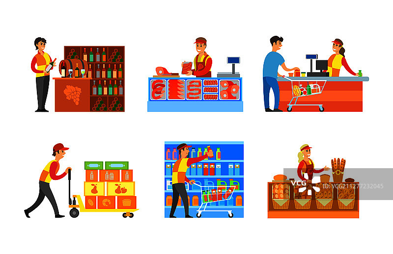 超市部门、专业销售员和收银员矢量图图片素材