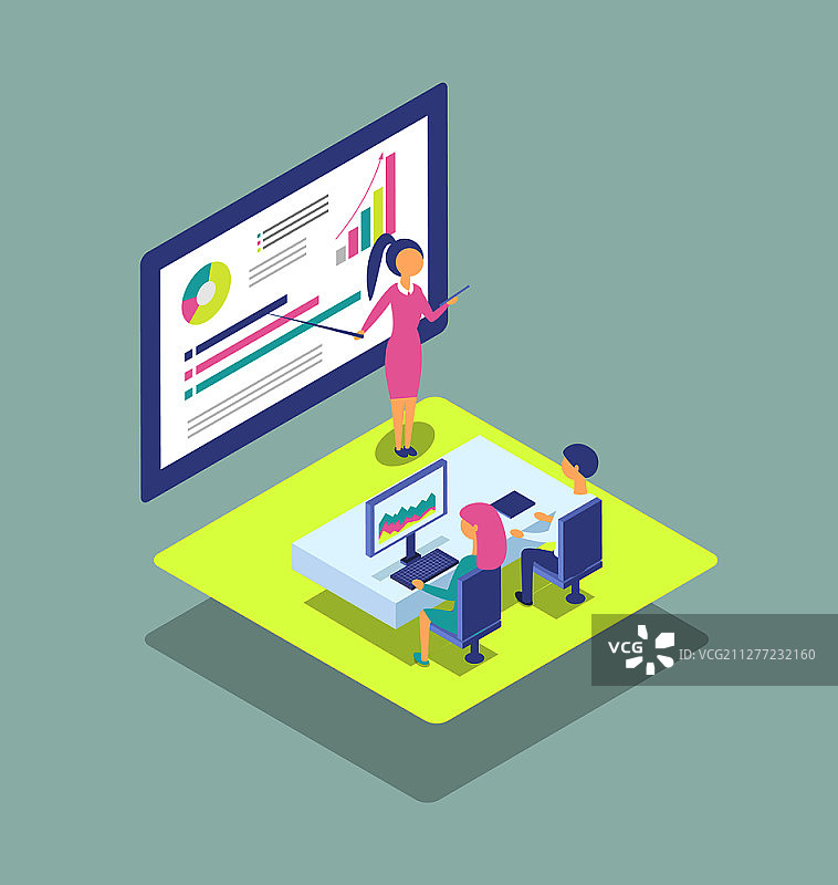 在黑板上向工人展示项目的卡通横幅矢量图：身穿西装的女士用指针展示图表，独立的会议室。在黑板卡通图标上展示项目的人图片素材