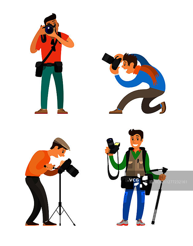摄影记者使用专业设备拍照，配备三脚架、稳定器和腰包。摄影师使用相机矢量图。图片素材