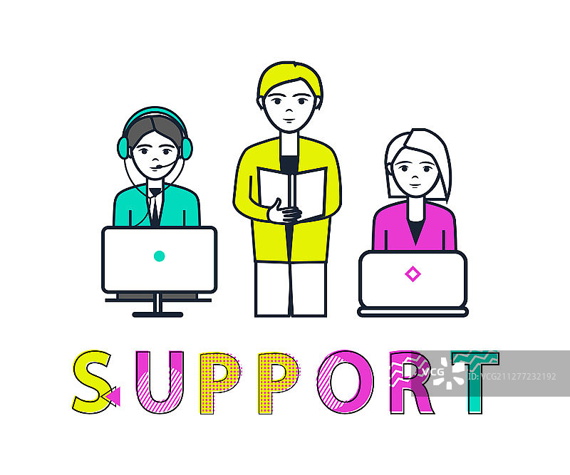 电话销售公司客服代表：值班女接待员在电脑前工作。矢量海报展示员工接听电话场景。电话销售公司客服代表图片素材