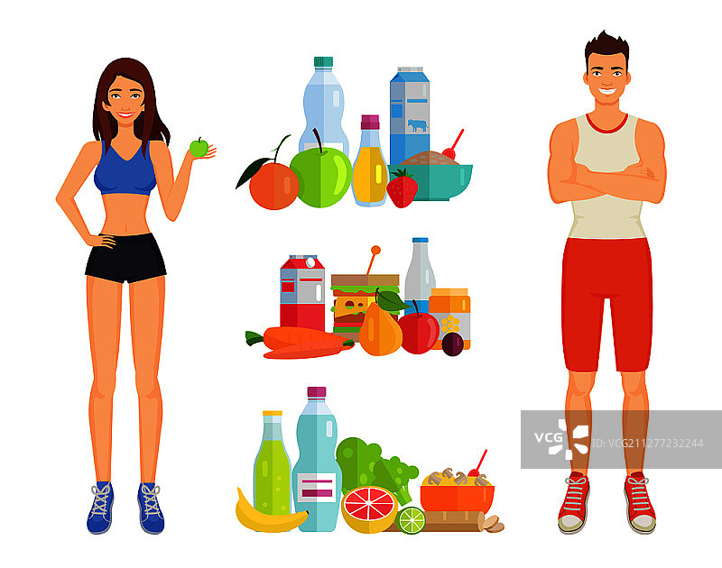 健康饮食男女：蔬菜水果蛋白质饮食图片素材