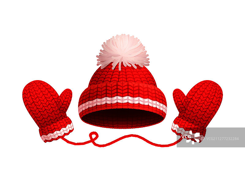 冬季保暖红色帽子和白色绒球及针织手套图标图片素材