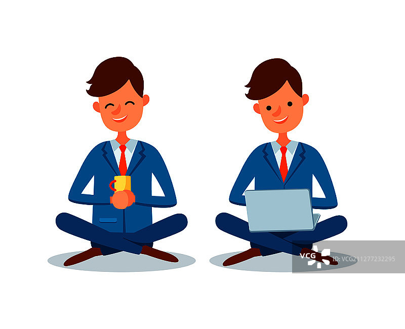 男人一边喝茶一边用笔记本电脑工作矢量素材图片素材