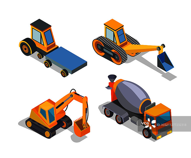 建筑机械图标矢量素材：工业与运输设备，混凝土搅拌机和挖掘机图片素材