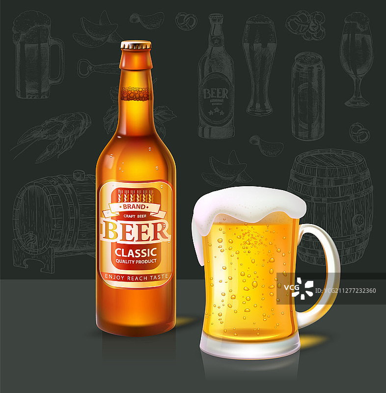经典啤酒饮料瓶装，带有产品标签信息。倒入玻璃杯中的酒精饮料类型项目集。桶和容器集矢量。经典啤酒饮料类型和玻璃杯集矢量图片素材