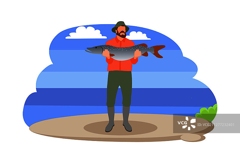 手持鱼的渔夫矢量图。站立的渔夫拿着捕获的大鳟鱼，穿着运动服和帽子，在风景运动主题中隔离图片素材