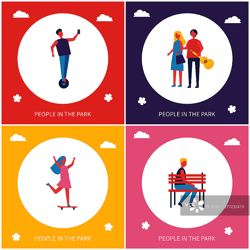 青少年在公园里玩耍卡通风格矢量横幅套装图片素材