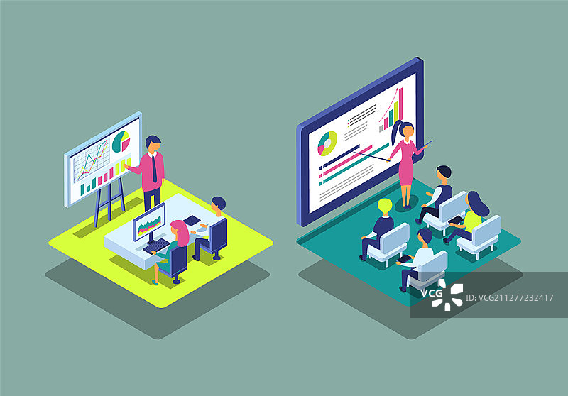 在黑板卡通场景中展示项目的西装人士，含指示棒的女士和用手展示礼堂图表的男士图片素材