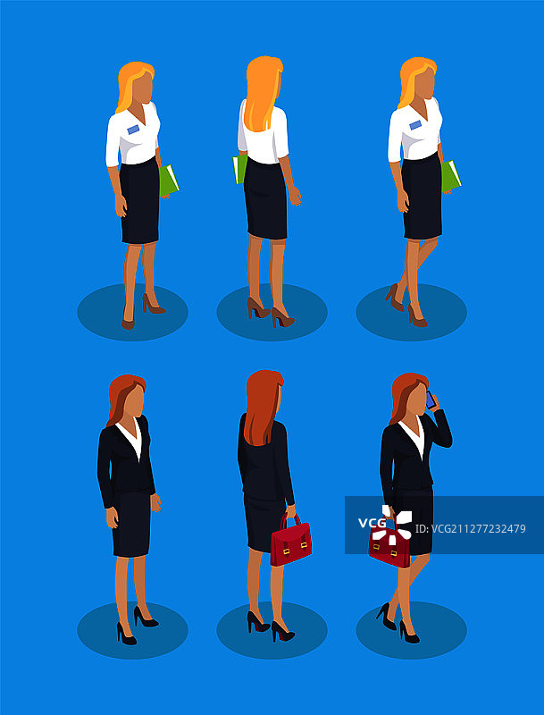 穿着正装裙子和衬衫套装的女建造师。商务女士在智能手机上交谈。经理携带公文包中的文件。女式正装套装建造师矢量图图片素材