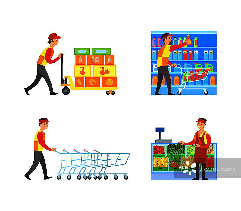 超市男员工工作矢量图：手推车、水果区、牛奶和果汁图片素材