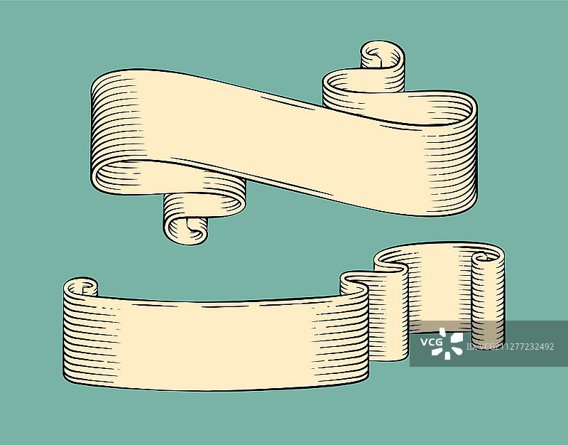 带有卷曲末端的单色缎带草图轮廓。文本示例的带子。矢量图上绘制的无色横幅手绘漩涡带装饰。缎带草图轮廓矢量插图图片素材