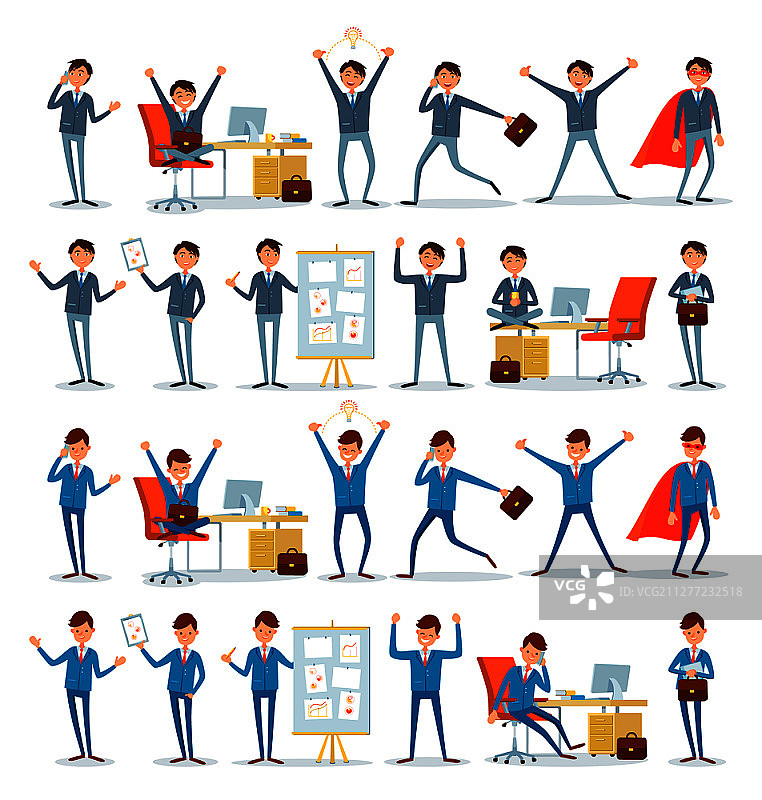 忙于工作的男人，工作中的商人角色矢量图。超级英雄和主管在通电话。会议上的主持人，办公室里有计划的雇主。忙于工作的男人，工作中的商人角色图片素材