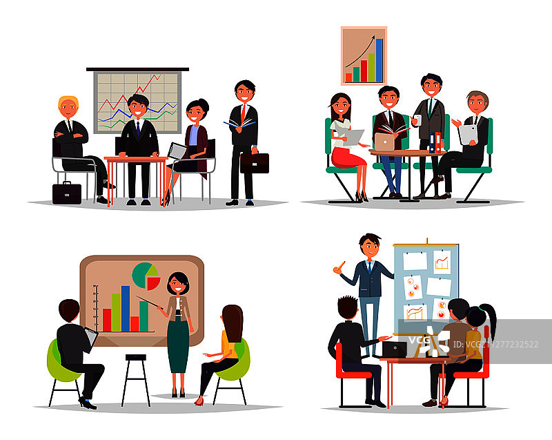 商务会议，员工会议矢量素材：主管在白板上展示计划图片素材