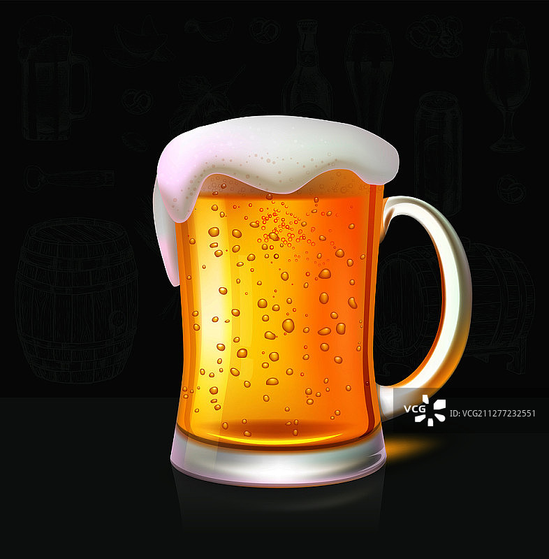 清爽的冷啤酒杯与墙面上的啤酒厂标志背景。黑板上的大麦、啤酒杯、玻璃杯、椒盐卷饼、木桶和薯条粉笔画图片素材