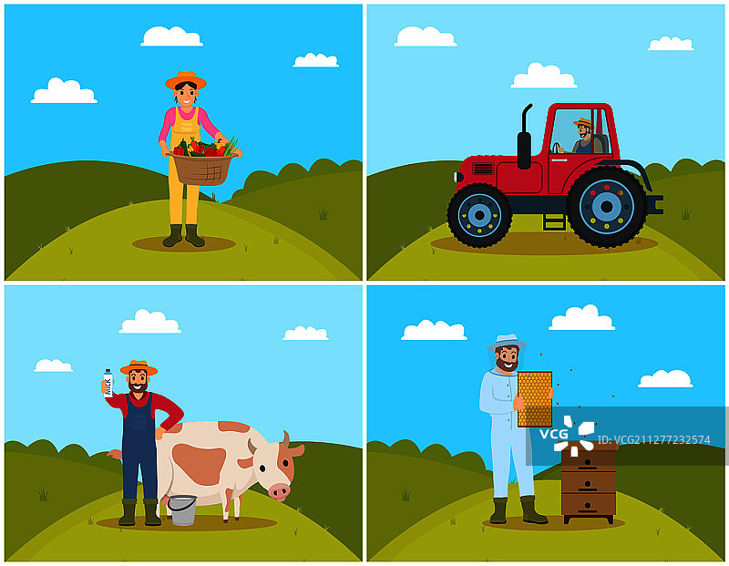 田野上的农民和拖拉机：农业机械和工人，带筐的妇女和蔬菜，养蜂人拿着蜂窝矢量图图片素材
