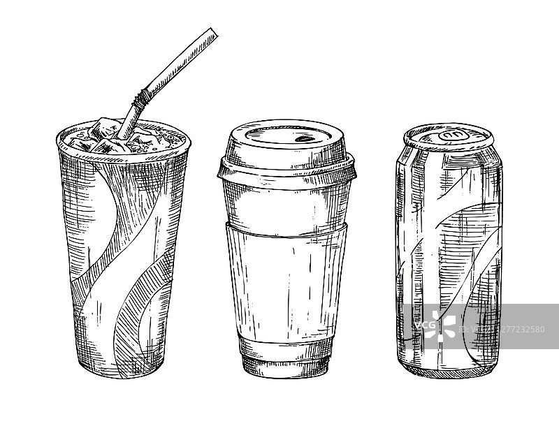 含冰的一次性玻璃杯、咖啡或茶杯及金属苏打水罐。外卖饮品速写风格图标，用于小吃店促销或菜单矢量素材图片素材