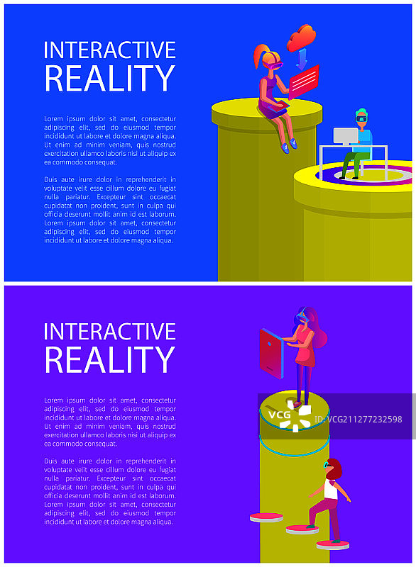 人们使用的交互式现实笔记本电脑海报矢量图：女性下载文件，男性使用电脑工作，佩戴VR眼镜的女性图片素材