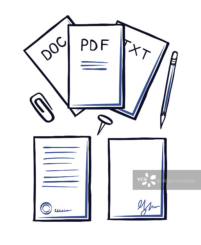 带有签名矢量图的办公纸张和页面。带有橡皮擦的铅笔，文件用夹子，pdf和txt，doc文件。单色草图轮廓图标集。带有签名矢量图的办公纸张和页面图片素材