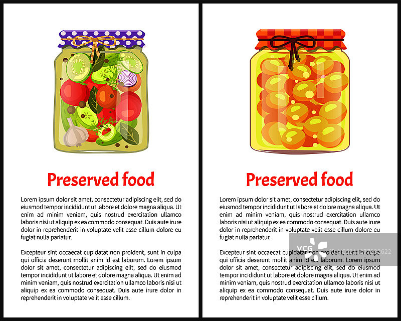 腌制食品信息海报，水果或蔬菜。果汁中的杏子和罐子里的腌制西红柿配黄瓜横幅矢量图。水果或蔬菜腌制食品海报图片素材