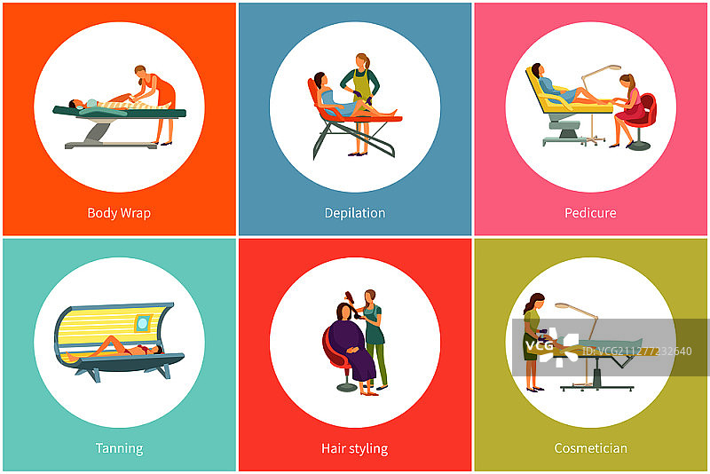 日光浴水疗沙龙矢量素材：美容师和修脚师在日光浴室中进行脱毛、发型设计图片素材